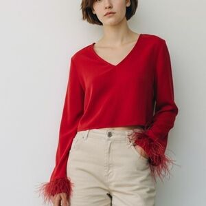 NWT Gorgeous Red Satin WAYF Size Large Cropped Top With Ostrich Feather Details!